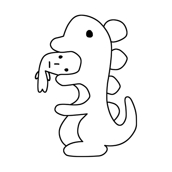 A line drawing of a dinosaur with a person dangling from its mouth.