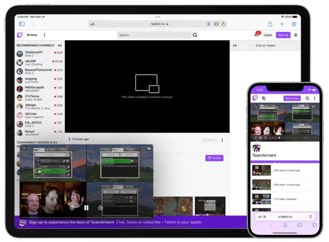 Twitch on an iPad and an iPhone, with Baking Soda replacing the custom player, one video in picture-in-picture.
