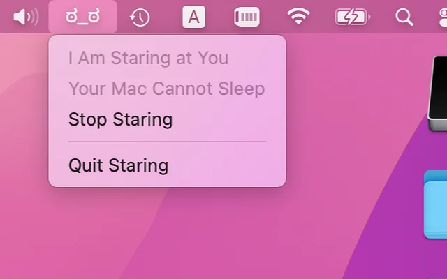 Staring’s menu bar item, a ಠ_ಠ face, with a menu reading “I Am Staring at You, Your Mac Cannot Sleep” and a “Stop Staring” option.