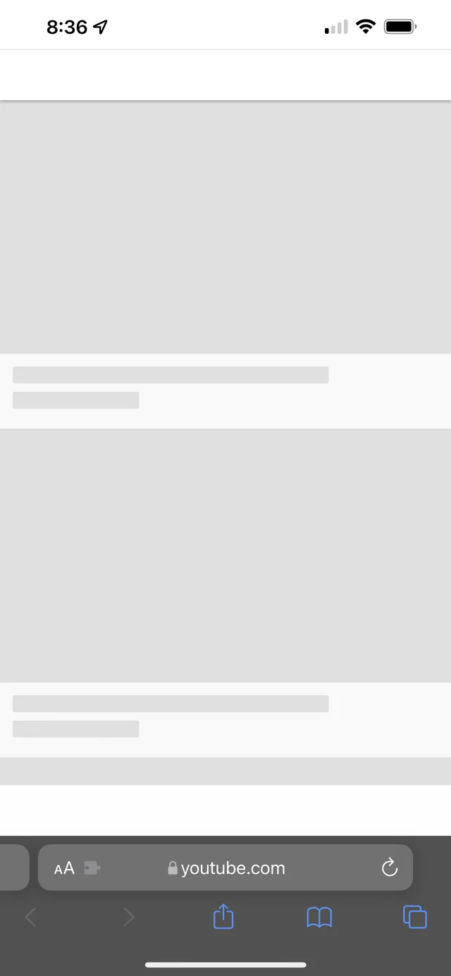 YouTube’s mobile site in Safari, loading nothing but empty grey placeholder boxes.