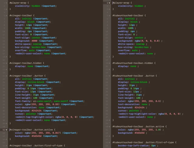 Vinegar’s video.css and the copycat’s CSS side by side, matching rule for rule down to the 43px and 31px values.