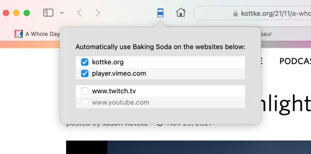Baking Soda’s Safari popover on Mac, listing websites with checkboxes to turn the extension on or off per site.
