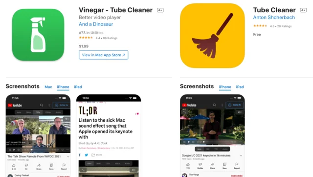 Two App Store listings side by side, Vinegar and a copycat extension, with near-identical screenshots.