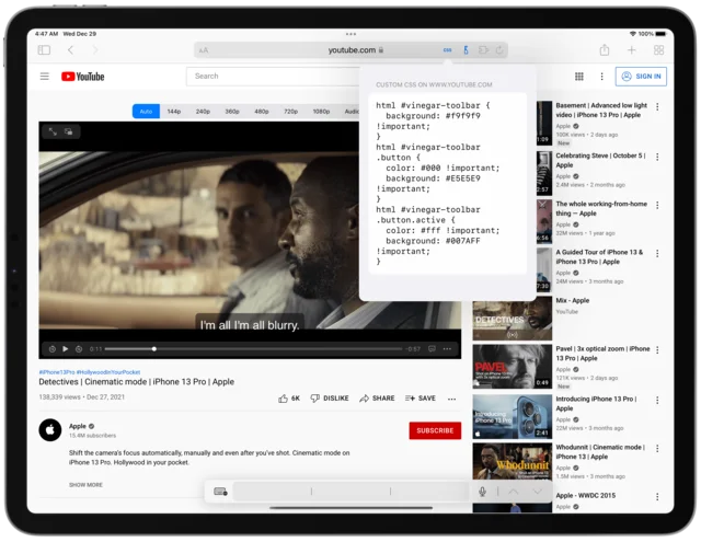 YouTube on an iPad with Makeover’s popover open, showing custom CSS that restyles Vinegar’s toolbar to a light theme.