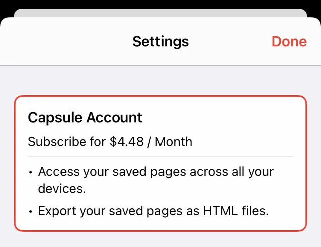 The redesigned Capsule Account row, a boxed card reading “Subscribe for $4.48 / Month” with bullets for cross-device access and HTML export.