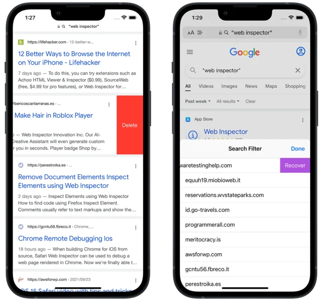 Two iPhone screenshots of Search Filter: swiping a Google result to reveal a red Delete button, and the list of deleted domains with a Recover button.