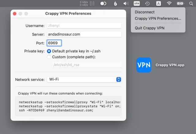 The Crappy VPN preferences window on Mac, with fields for username, server, port, and private key, and the SSH commands it will run.