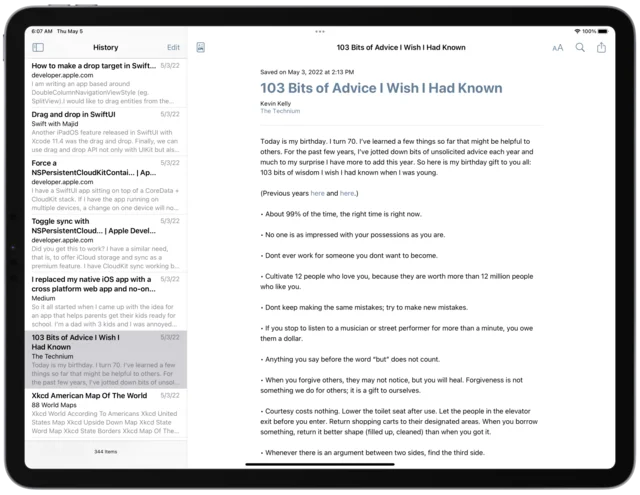 History Book on an iPad, showing a list of saved pages and the saved text of an article from The Technium.