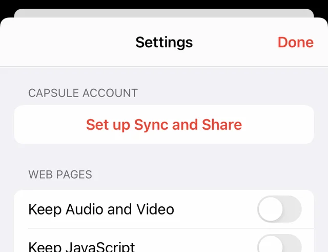 Time Capsule’s Settings screen with a Capsule Account section containing a single red “Set up Sync and Share” button.