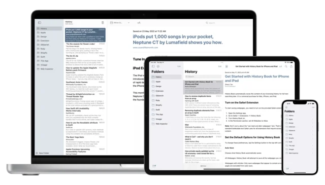 History Book running on a MacBook, an iPad, and an iPhone, each showing folders and a list of saved pages.