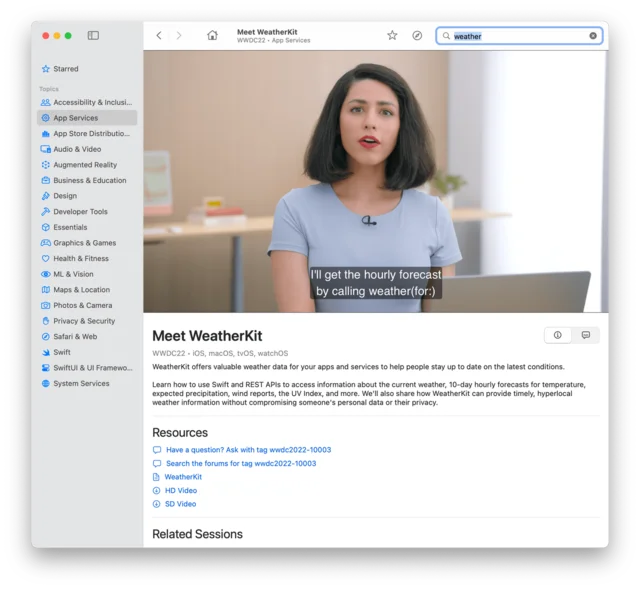 A WWDC session playing in Sessions, with the video filling the width of the window above the session notes and resource links.