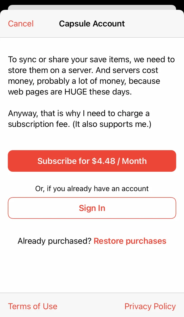 Time Capsule’s Capsule Account screen explaining why syncing costs money, with a subscribe button, a Sign In button, and a restore purchases link.