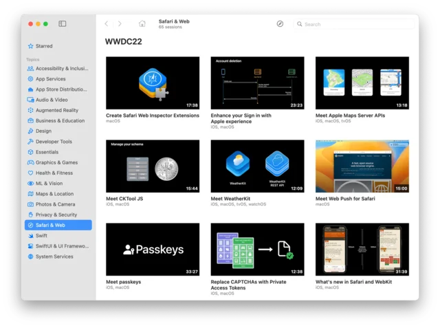 The Sessions app on Mac, showing a grid of WWDC22 session video thumbnails with a topic sidebar.