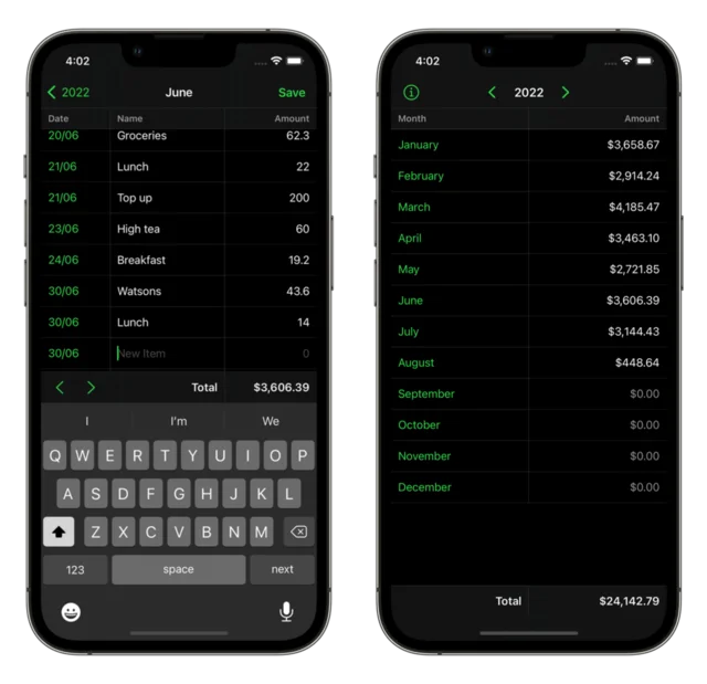 Two iPhone screenshots of Monies: a spreadsheet-like list of expenses being edited, and a year view totalling each month.