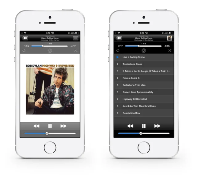 Two iPhone screenshots of Medley’s now-playing screen in the pre-iOS 7 style, showing album art and the track list for a Bob Dylan album.