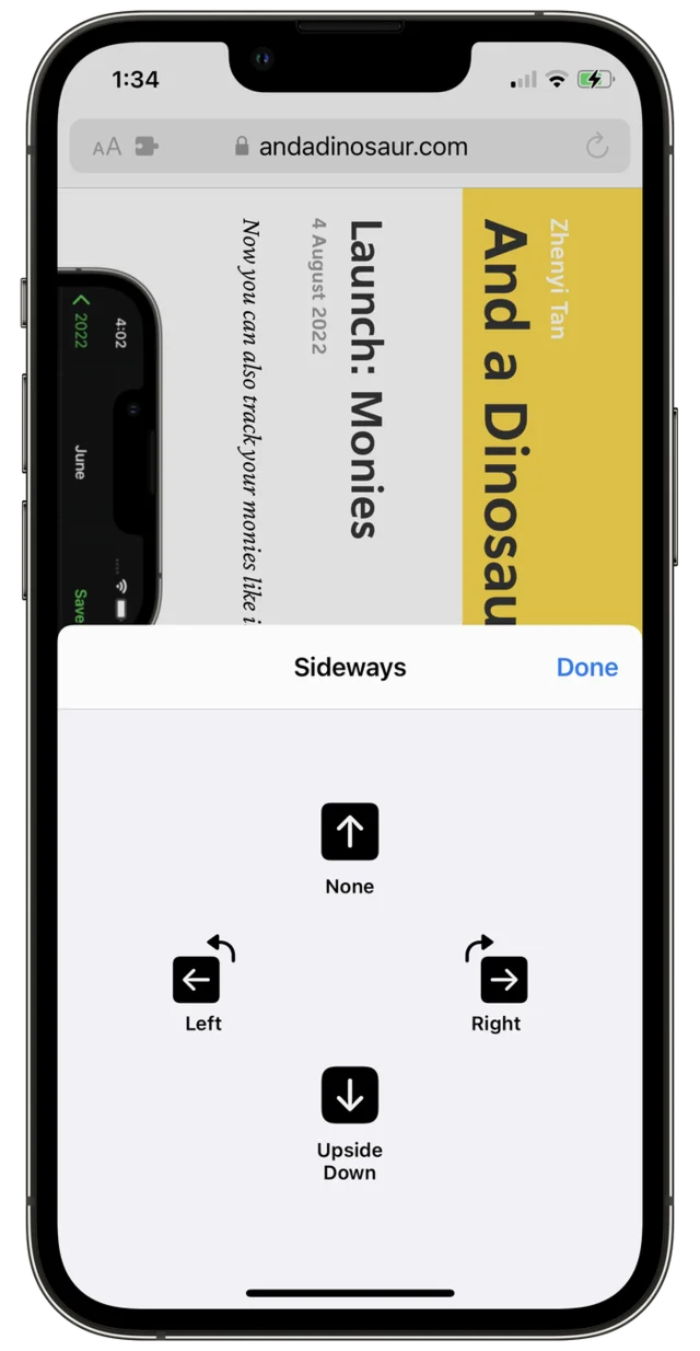Sideways’ popover in Safari, with buttons to rotate the page None, Left, Right, or Upside Down.