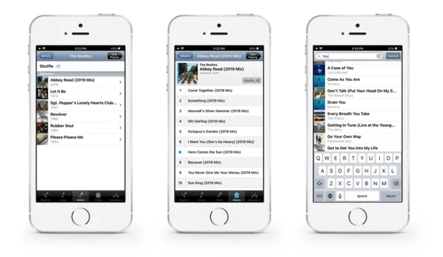 Three Medley screens in the pre-iOS 7 style: an artist’s albums, an album’s track list, and search results.