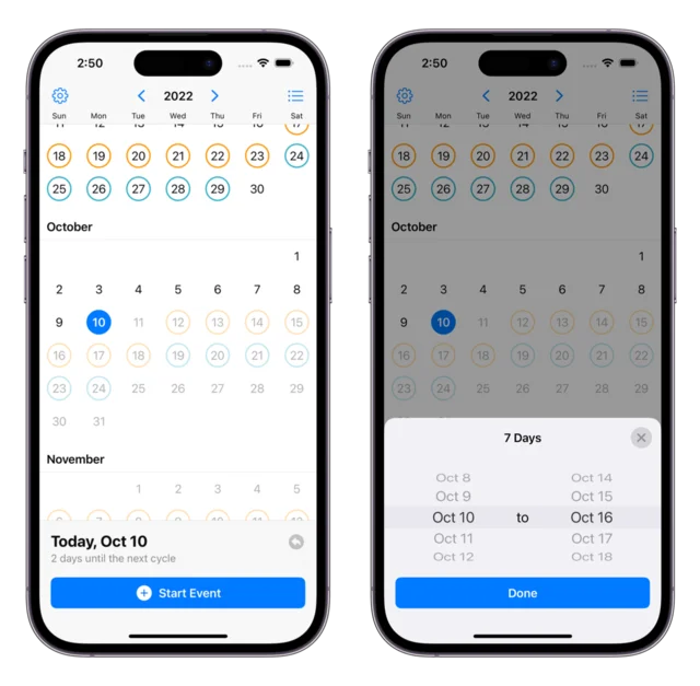 Two iPhone screenshots of Ikura: a plain calendar with circled dates, and a picker for setting an event’s date range.
