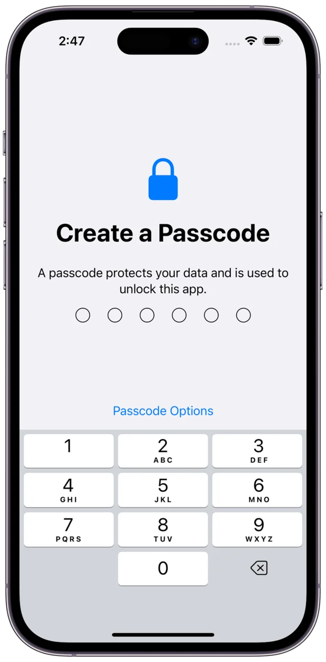 Ikura’s “Create a Passcode” screen with a six-dot passcode field and a number pad.