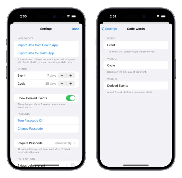 Ikura’s Settings screen with Health import and export, event and cycle lengths, and passcode options, next to the Code Words screen for renaming Event, Cycle, and Derived Events.