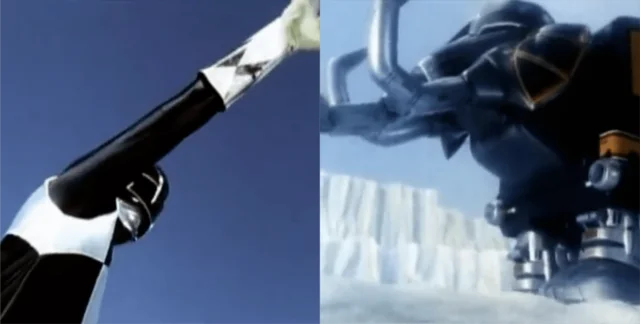 Two frames from Power Rangers: the Black Ranger raising a weapon to the sky, and a mastodon-shaped mecha stomping through snow.