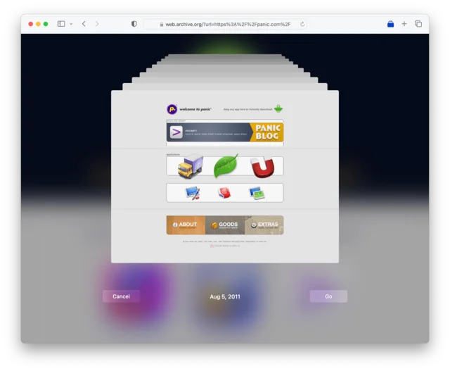 Rewinder on Mac, showing archived snapshots of panic.com stacked in a Time Machine-style perspective, dated Aug 5, 2011.