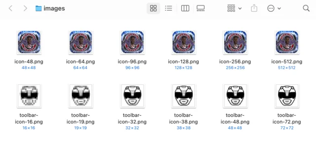 A Finder window of the extension’s icon files, colour app icons in six sizes above monochrome toolbar icons in six sizes.