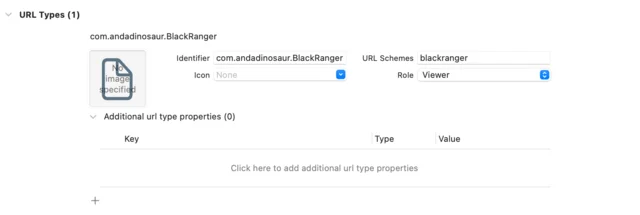 Xcode’s Info tab with a URL type registered, identifier com.andadinosaur.BlackRanger and URL scheme blackranger.