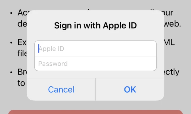 A “Sign in with Apple ID” dialog with empty Apple ID and password fields.
