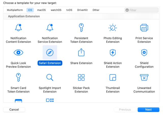 Xcode’s new target template picker with “Safari Extension” selected.