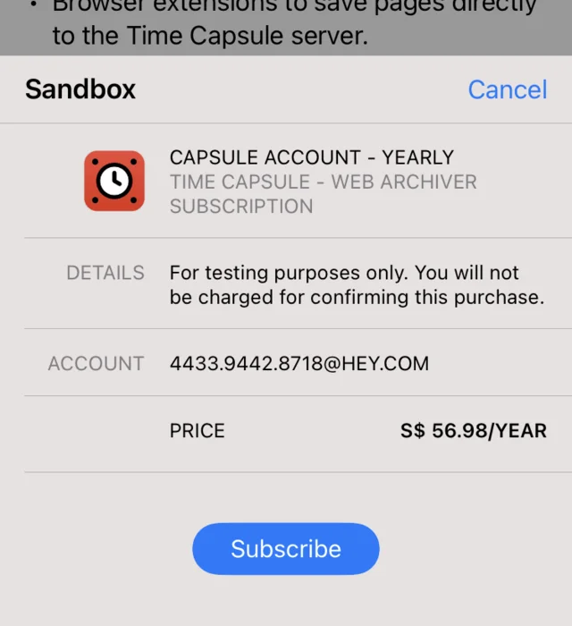 A sandbox purchase sheet for Capsule Account - Yearly, with a Subscribe button.