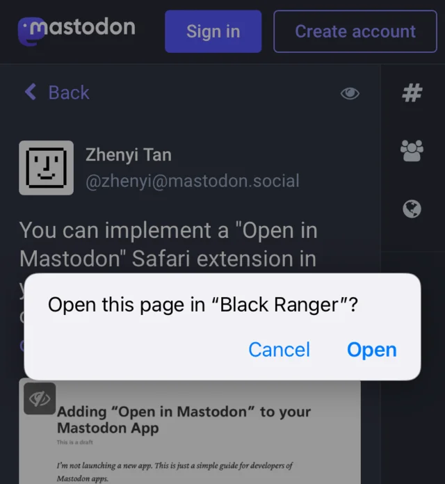A Mastodon page in Safari with an alert asking “Open this page in Black Ranger?”