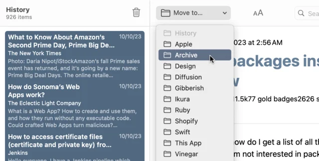 History Book’s toolbar with the “Move to…” dropdown open and the Archive folder highlighted, while every page in the History folder is selected.