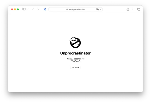 Safari on Mac showing Unprocrastinator’s waiting screen in place of YouTube, counting down from 27 seconds.