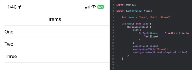 A plain SwiftUI list of three items next to the code that produced it, with the row separators indented from the left edge.