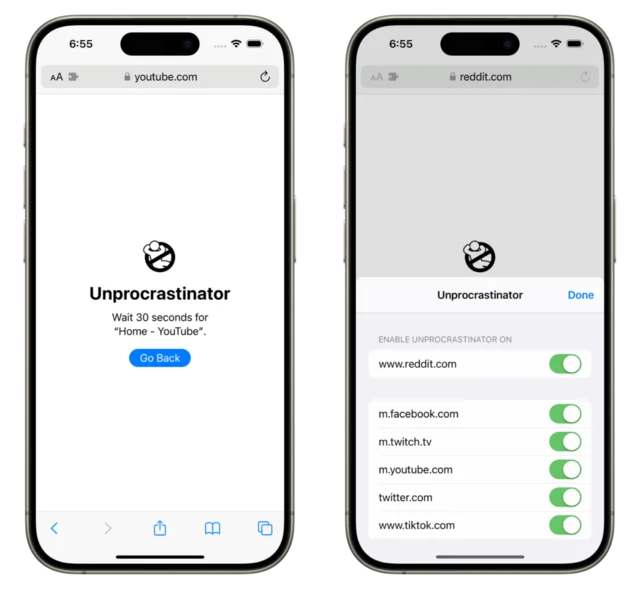 Two iPhone screenshots of Unprocrastinator: a blank YouTube page saying “Wait 30 seconds,” and the settings list of blocked websites with toggles.