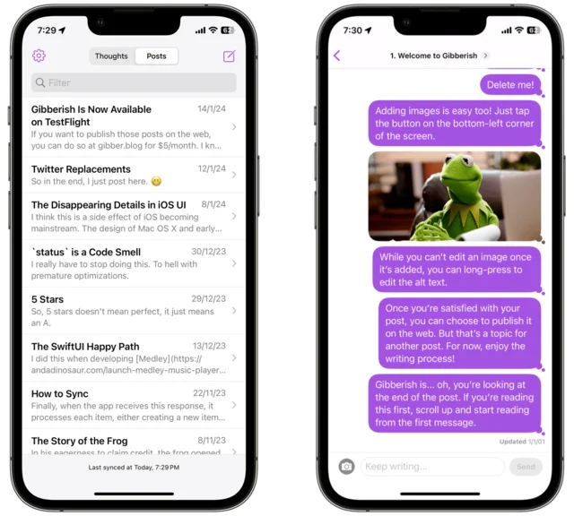 Two iPhone screenshots of Gibberish: a list of posts, and a post made of purple chat bubbles with an image in the middle.