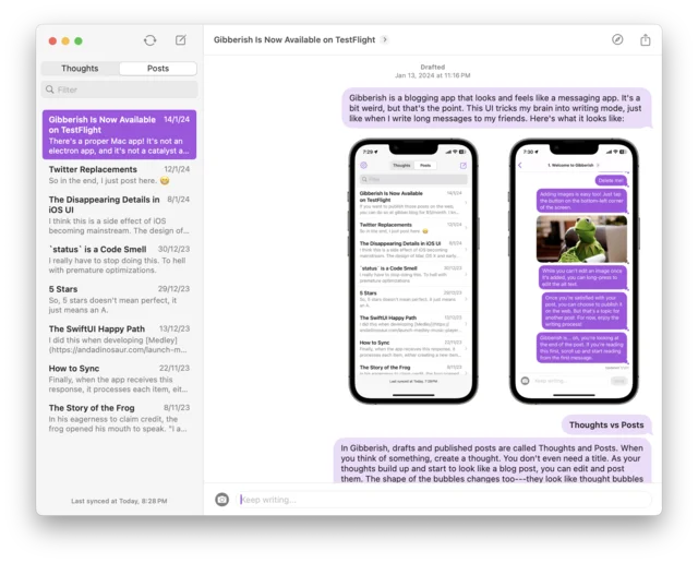Gibberish on Mac, with a post list on the left and a draft of chat bubbles on the right.