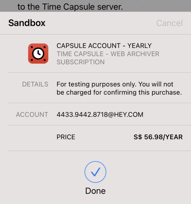 The sandbox purchase sheet showing a checkmark and the word “Done.”