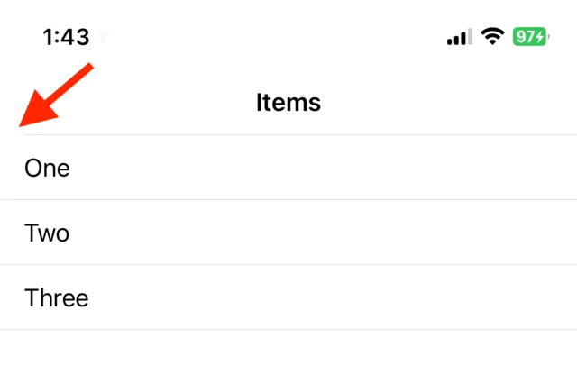 The same list with the row separators now full-width, but a red arrow pointing at the navigation bar’s separator, which is still indented.