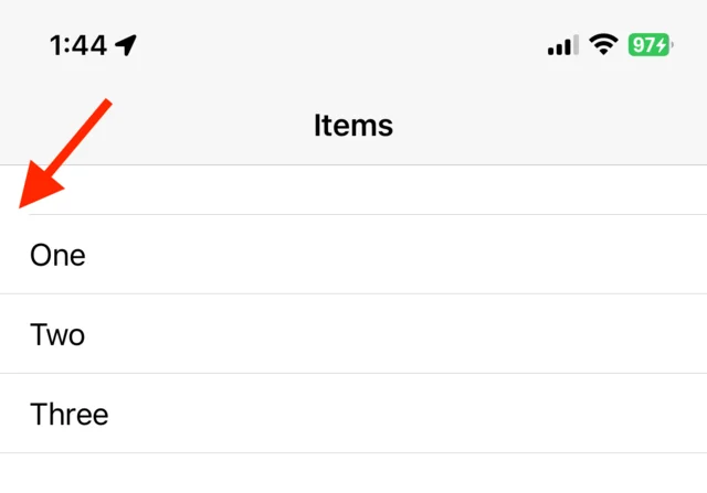 The list pulled down, with a red arrow pointing at the first separator, which is still indented.