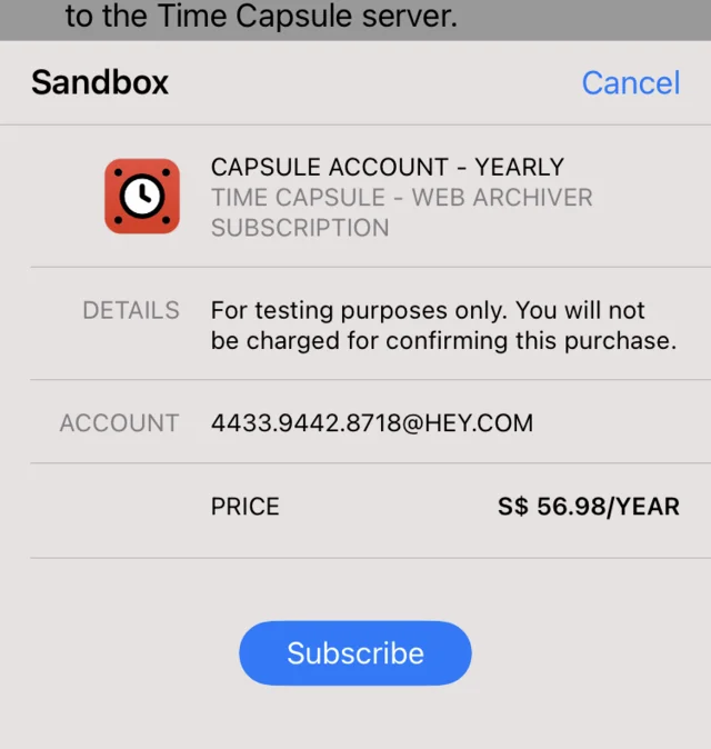 The sandbox purchase sheet with the Subscribe button, shown a second time.
