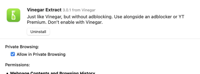 Safari’s extension settings for Vinegar Extract, described as “Just like Vinegar, but without adblocking.”