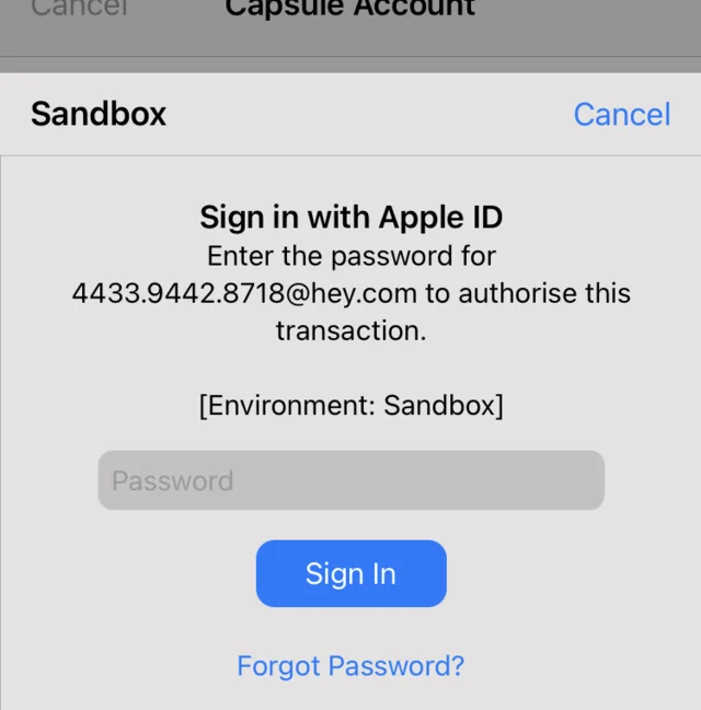 The sandbox password prompt, shown a second time.