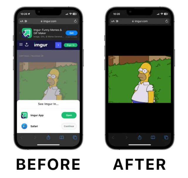 A before-and-after comparison: an Imgur page buried under an app banner and an “open in app” prompt, next to the same image loaded on its own.