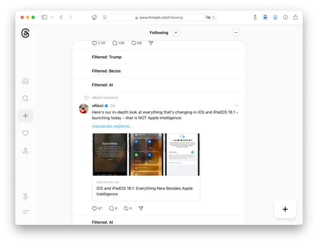 The Threads web app in Safari on Mac with Spool active, showing rows reading “Filtered: Trump,” “Filtered: Bezos,” and “Filtered: AI” in place of hidden posts.