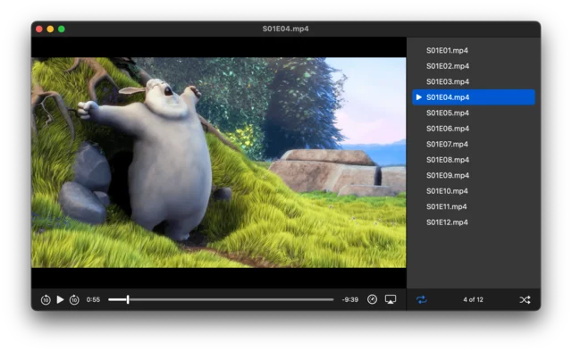 Teleplayer on Mac playing Big Buck Bunny, with a playlist of twelve episodes beside the video.