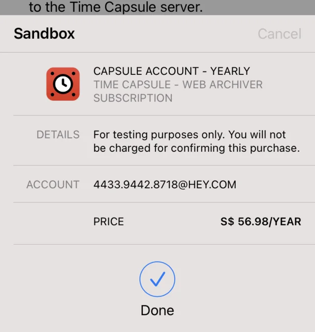 The sandbox purchase sheet showing the checkmark and “Done” a second time.