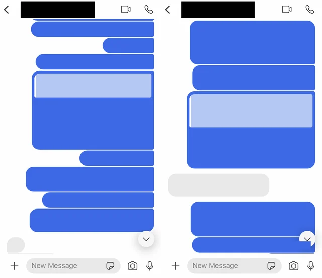 Two Signal screenshots where every bubble is blanked out, showing a long run of short messages sent one after another.