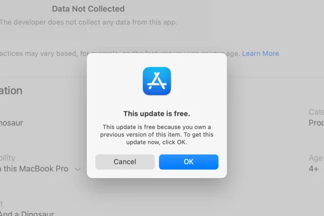 A Mac App Store dialog reading “This update is free because you own a previous version of this item.”